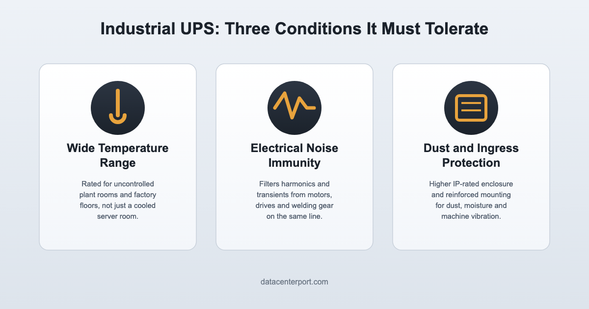 Industrial UPS: wide temperature range, electrical noise immunity, dust and ingress protection