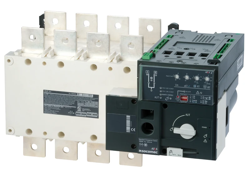 Socomec ATyS g motorised changeover switch, 1600 A, with control module showing genset setting dials