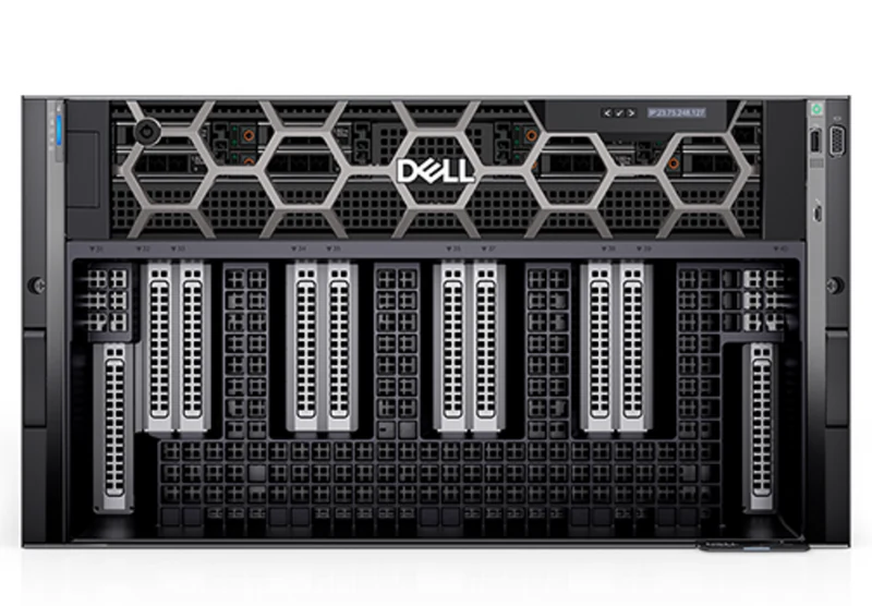 Dell PowerEdge GPU server, front view with vertical PCIe riser slots exposed above the top drive tray