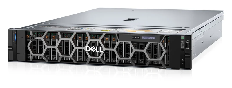 Dell PowerEdge 2U rack server, angled front view with hexagonal-pattern drive bays and DELL badge