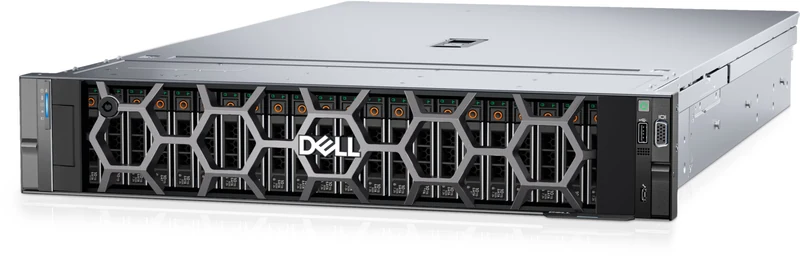 Dell PowerEdge 2U rack sunucu, altıgen desenli disk yuvaları ve DELL rozetiyle açılı önden görünüm