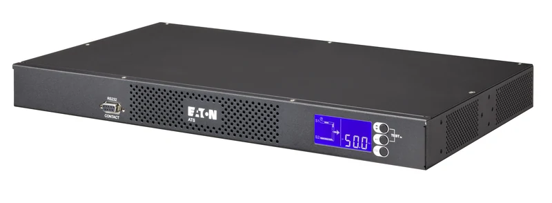 Eaton ATS rack unit, angled view with blue LCD display and RS232 port