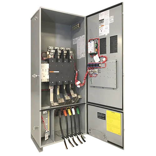 Eaton wall-mounted enclosed transfer switch, open door showing the 4-pole switch mechanism and colour-coded leads