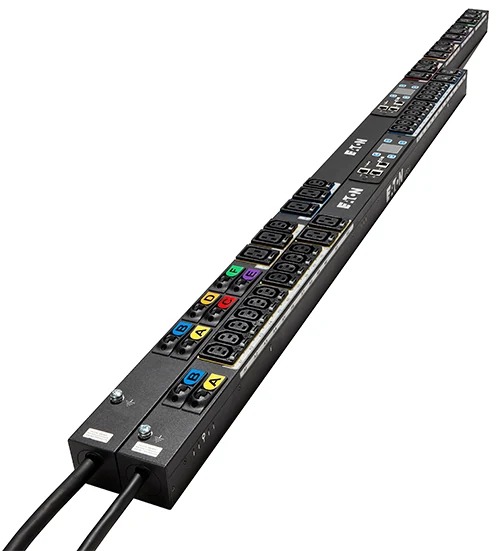 Eaton ePDU G3 Metered Input, two vertical 0U units with colour-coded outlet groups and input labels
