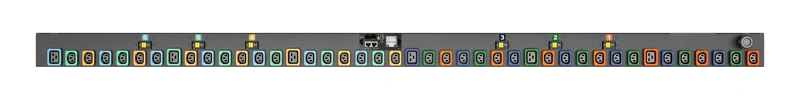 Vertiv Geist rack PDU, top view of a horizontal outlet strip with colour-coded ports