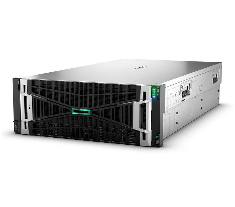 HPE deep-chassis rack server, angled front view of a larger dual-column drive bay unit with green accent panel