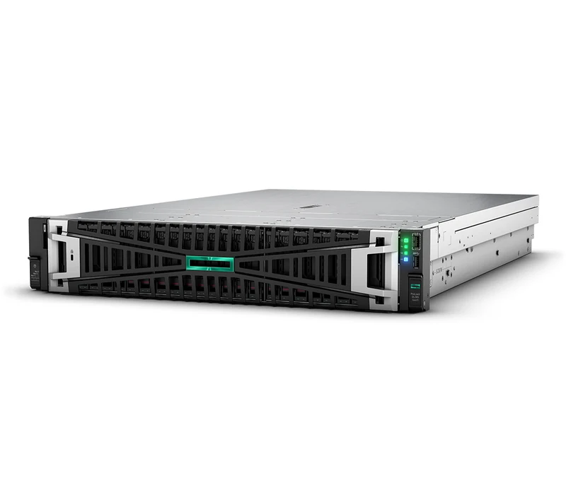 HPE ProLiant 2U rack server, angled front view with multi-bay drive cage and green ProLiant accent panel