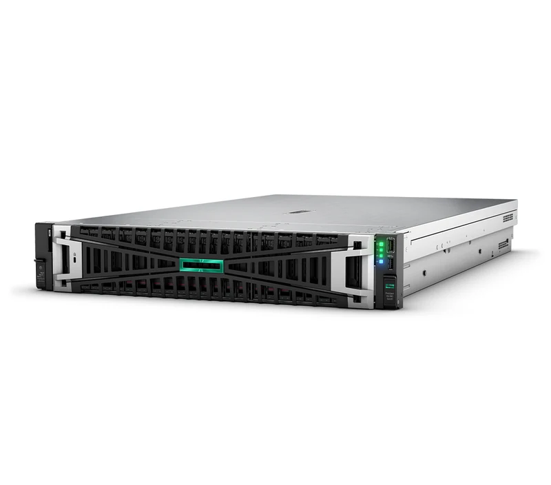 HPE ProLiant 2U rack server, angled front view with multi-bay drive cage and green ProLiant accent panel