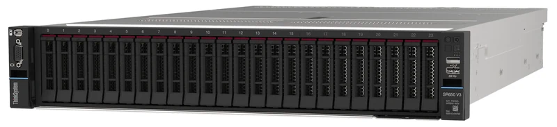 Lenovo ThinkSystem SR650 V3 rack sunucu, 24 sıcak takılabilir 2,5 inç disk yuvasıyla önden görünüm