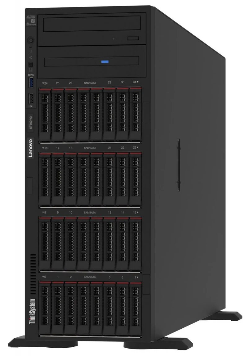 Lenovo ThinkSystem ST650 V3 tower server, angled view showing four rows of hot-swap drive bays