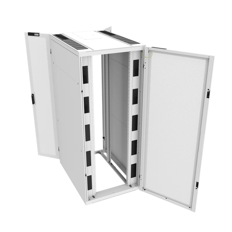 Legrand Minkels Nexpand cabinet, white frame with open doors and perforated panels showing cable brushes