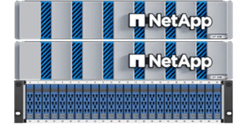 NetApp AFF controller shelves stacked above a disk shelf with SSD carriers