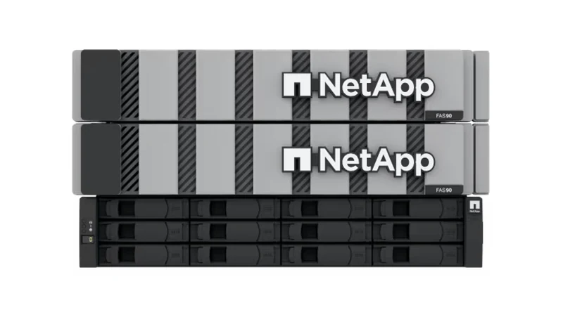 NetApp FAS90 controller shelves stacked above a disk shelf with drive carriers