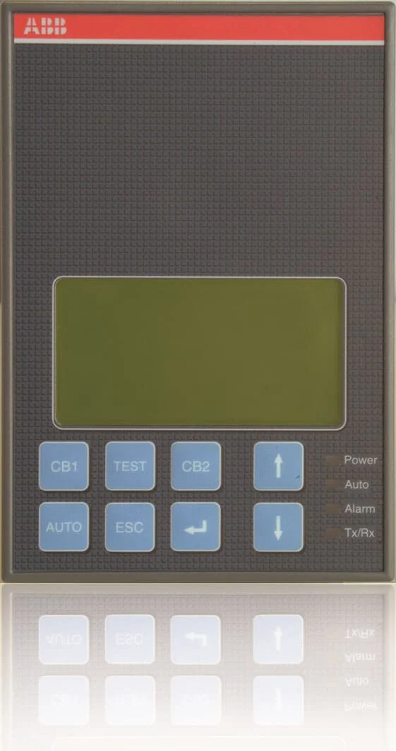 ABB ATS02x controller front panel with LCD display and CB1/TEST/CB2/AUTO buttons