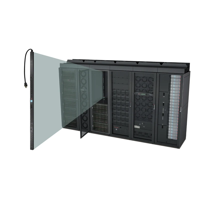 Schneider Electric Rack PDU 2G, vertical 0U unit shown beside a rack of equipment