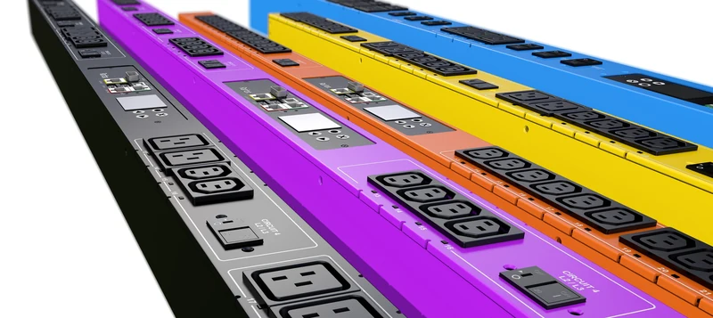 Raritan PX3 rack PDUs, angled view of colour-coded chassis with C13/C19 outlets