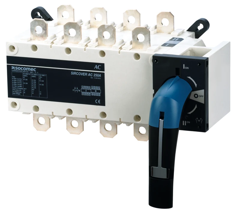 Socomec SIRCOVER manual transfer switch, 250 A, with blue manual operating lever