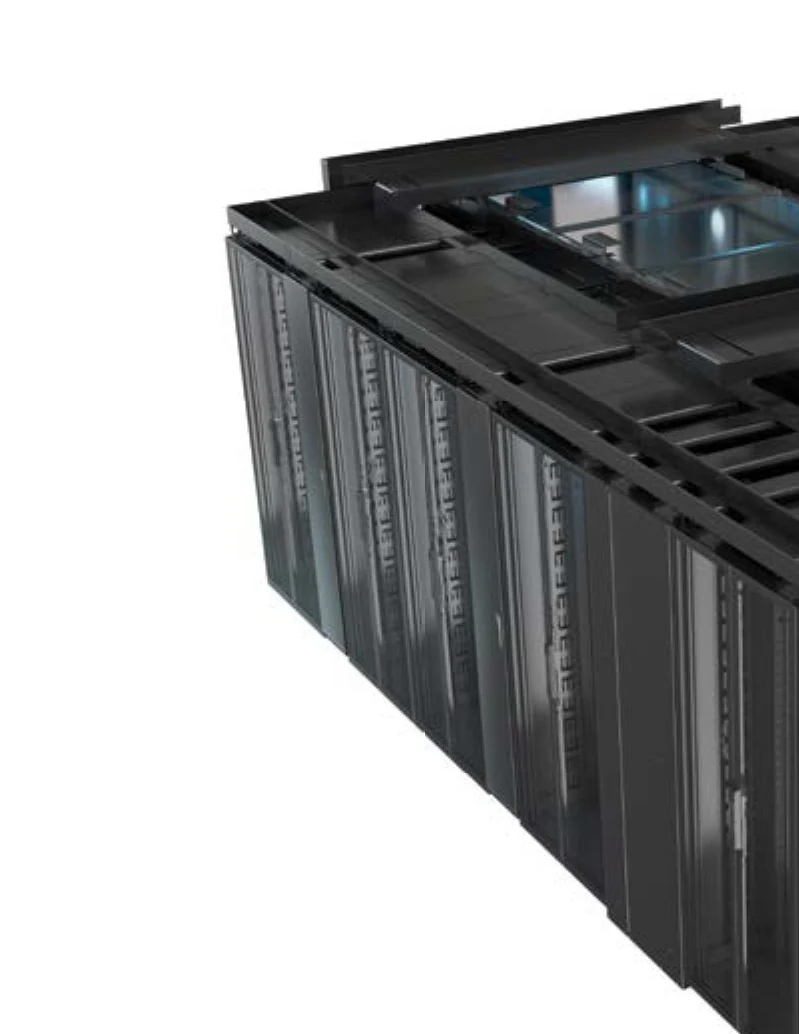 Vertiv SmartAisle aisle containment roof and duct closing the top of a rack row