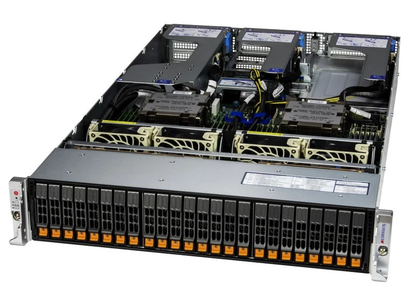 Supermicro A+ Server, turuncu mandallı sıcak takılabilir disk yuvalarını ve AMD EPYC soğutucularını gösteren açık kasa görünümü
