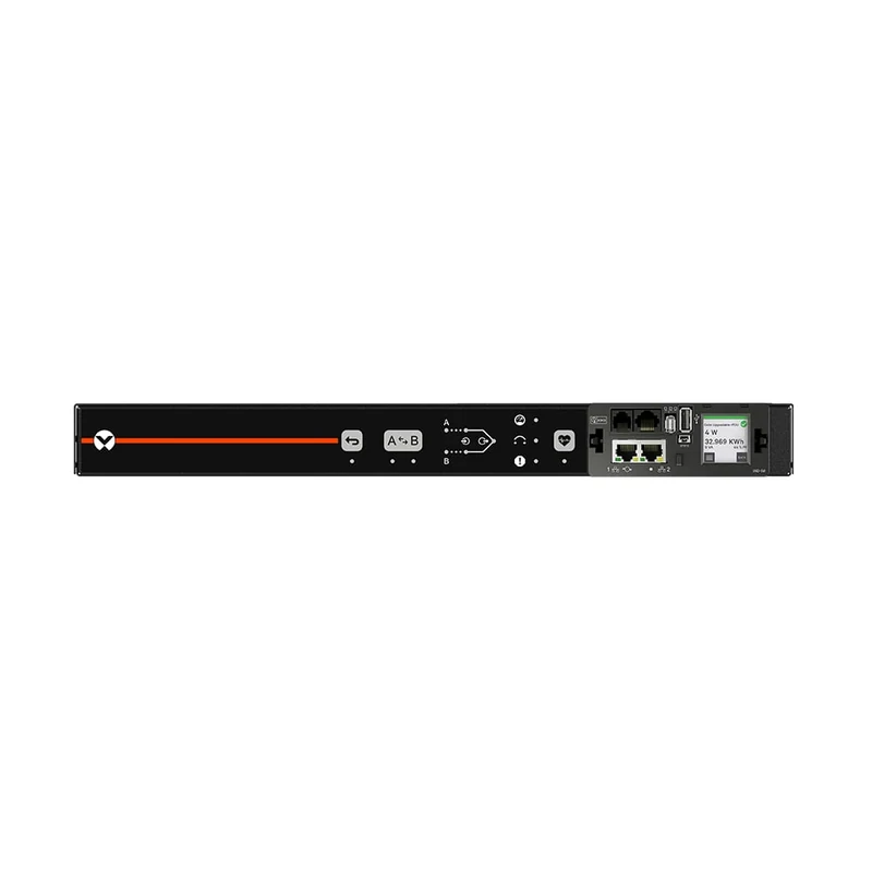 Vertiv Geist Rack Transfer Switch, 1U front panel with source-select display and network ports